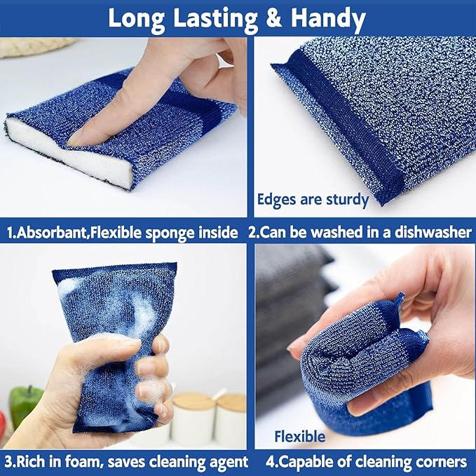 Kitchen Sponges for Dishes Steel Wool Scrubber Sponges for Kitchen Heavy Duty Non-Scratch Scrubbing Cleaner (6 Pack) (Colours)