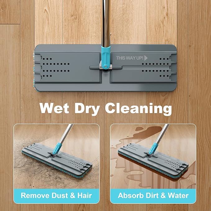 JOYMOOP Mop and Bucket Set with Wringer, Mops for Floor Cleaning, Wall Mop Cleaner with Long Handle, with 6 Reusable Microfiber Mop Pads - Grey+Cyan Blue