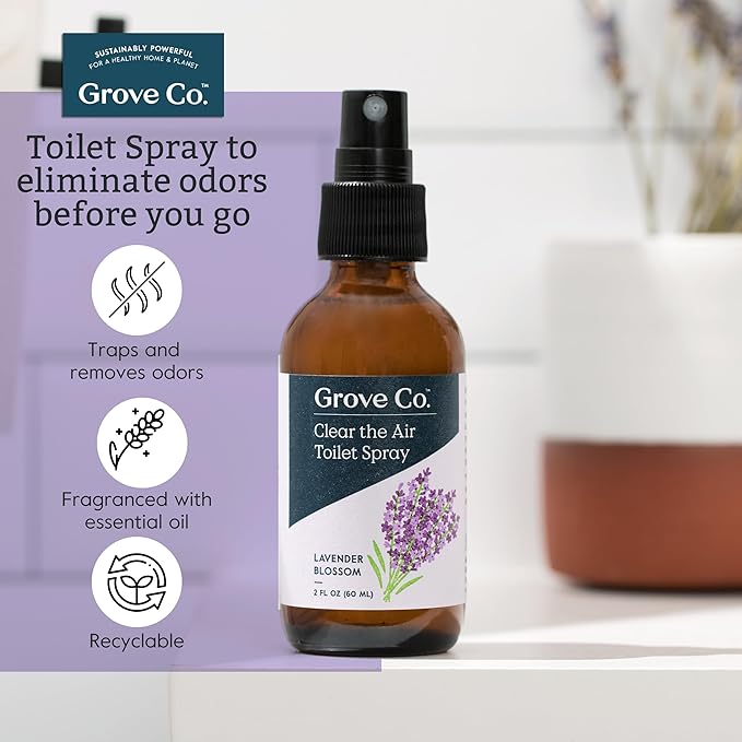Grove Co. Toilet Spray, Clear the Air Bathroom Spray Air Freshener (2 fl oz) Odor Eliminator for Strong Odor, 100% Natural Lavender Blossom Scent, Vegan, Paraben & Phthalate Free (Pack of 3)
