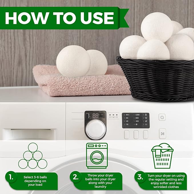 Wool Tumble Dryer Balls– Eco-Friendly Organic Fabric Softener, Reduce Wrinkles & Drying Time, Save Energy, Reusable, Handmade, 100% New Zealand Wool, Baby Safe, Unscented, XL Size (Pack of 6)