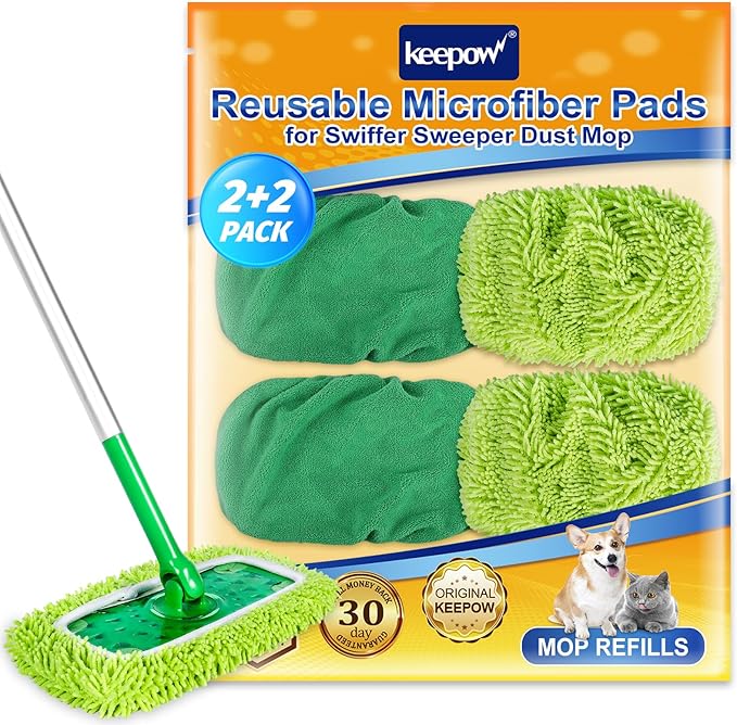 KEEPOW Reusable Microfiber Mop Pads Compatible with Swiffer Sweeper, 4 Pack Dry Sweeping Cloths & Wet Mopping Cloths, Washable Wet Pads Refill for Mopping Floors