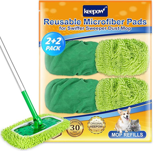 KEEPOW Reusable Microfiber Mop Pads Compatible with Swiffer Sweeper, 4 Pack Dry Sweeping Cloths & Wet Mopping Cloths, Washable Wet Pads Refill for Mopping Floors