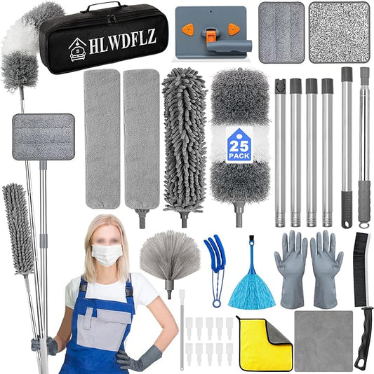 Microfiber Duster Kit 25pcs with 30 to 100 Inches Extension Pole and Baseboard Cleaner Tool, Washable and Bendable Feather Duster for Cleaning Ceiling Fans, High Ceilings, Cobwebs, Blinds,Grey