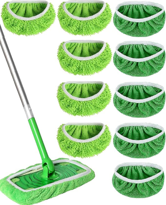 Reusable Microfiber Mop Pads Washable Wet & Dry Sweeping Cloths Mop Head Replacement for Household Cleaning (Green, 10PCS) Compatible with Swiffer Sweeper Refills
