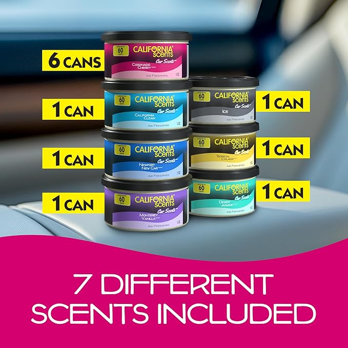 California Scents Can Air Freshener and Odor Neutralizer, Set of 12 Spillproof Cans for Home and Car, Stocking Stuffers, Assorted Scents, 1.5 Oz Each (Packaging May Vary)