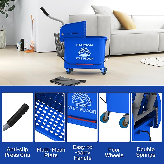 HOMCOM Compact Mop Bucket with Wringer on Wheels for Floor Cleaning, 21 Quart, Separate Dirty and Clean Water, for Home, Apartment, Blue