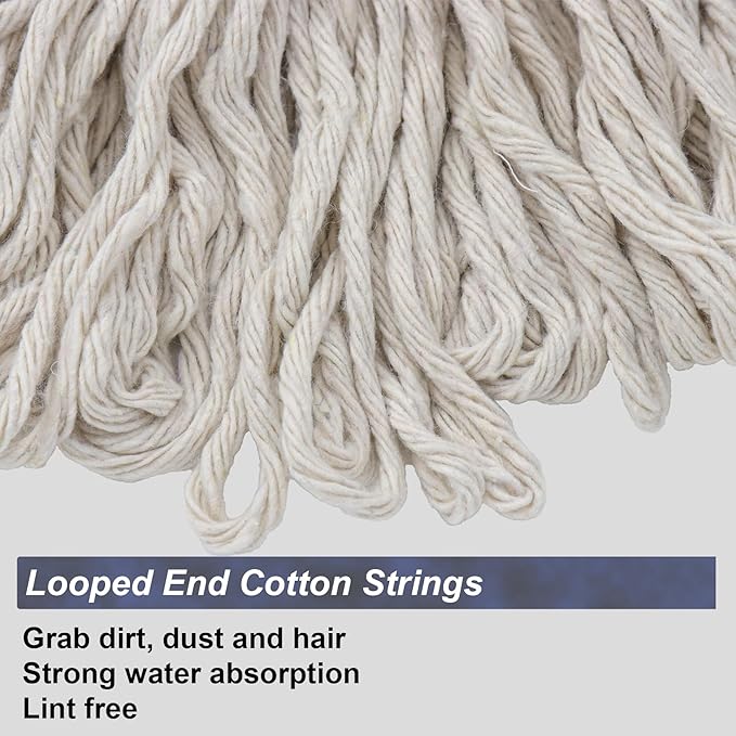 Cotton Cloth Mop, 4 Section Stainless Steel Pole + Two Cotton String Mop Heads White