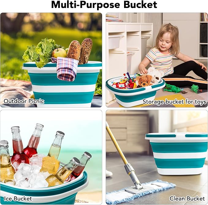 Large Collapsible Mop Bucket, 16L(4.2 Gallon) Plastic Bucket for House Cleaning, Car Washing, Silicone Cleaning Supplier Organizer, Portable Basket with Handle for Laundry Storage, RV Camping, Fishing