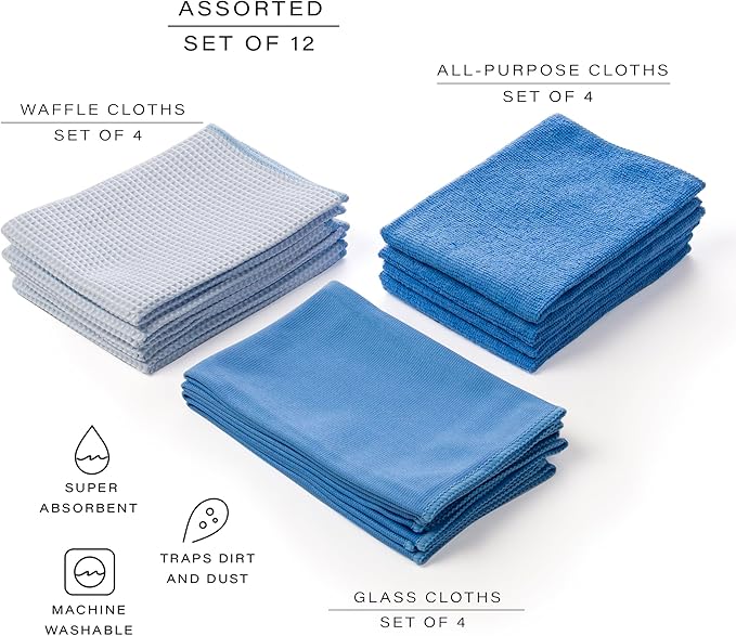BINO Light Blue Ombre 15x15 Inches Assorted Microfiber Cleaning Towel Set - Ultra Absorbent Cleaning Towels - All Purpose Microfiber Towels - 12 Pack