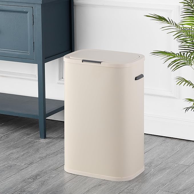 happimess HPM1017D Tammi Kitchen 14.5-Gallon Slim Metal Push Button Trash Can, Fingerprint Resistant, Modern, Minimalistic for Home, Kitchen, Laundry Room, Office, Bedroom, Bathroom, Limestone Beige