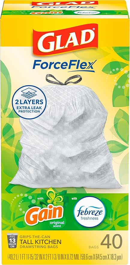 Glad ForceFlex Tall Kitchen Trash Bags, 13 Gallon, Gain Original, 40 Count (Package May Vary)