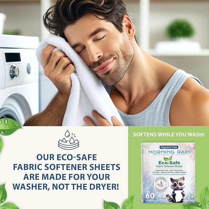 MorningRain Eco Fabric Softener Sheets for Washing Machine - Fragrance-Free, Preservative-Free, Ultra-Concentrated - 30 Sheets for Up to 60 Loads, Anti-Static, Reduces Wrinkles, Softens Clothes
