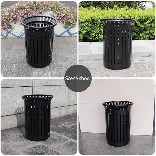 Outdoor Metal Slatted Trash Receptacle,Waste Receptacle，Commercial Trash Cans,Zone Round Garbage Bin,Square Hotel Street Patio Indoor Metal Stan (Big-Black)