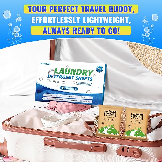 FIXSMITH Laundry Detergent Sheets - 60 Loads (30 Sheets) Fragrance Free - Hypoallergenic,Unscented,Eco Friendly Laundry Detergent Strips Concentrated Travel Detergent Sheets.Plastic-Free,Liquidless