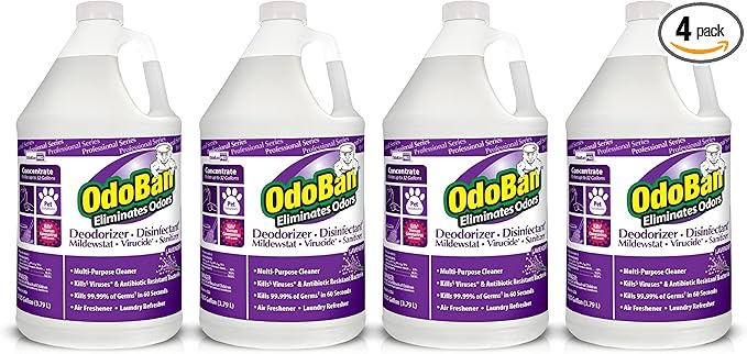 OdoBan Professional Disinfectant and Odor Eliminator Concentrate, Made in the USA, Lavender Scent, 4-Pack, 1 Gallon Each