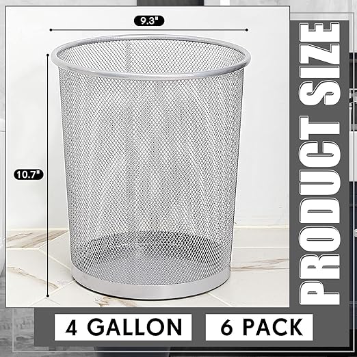 Zeyune 6 Pack Silver Office Trash Can Bulk Mesh Trash Can 4 Gallon Metal Wire Mesh Waste Paper Basket Round Small Garbage Bin for Office Bathroom Home Bedroom Kitchen Dorm