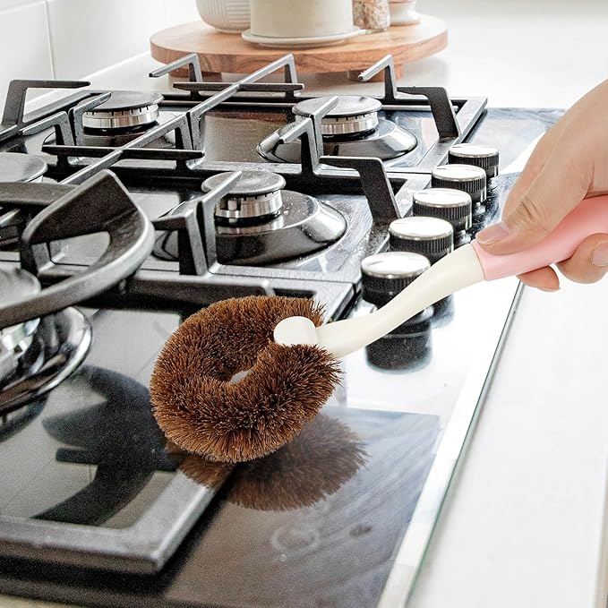 2 Pack Kitchen Scrub Brushes for Cleaning Dish Brush with Handle for Pans, Pots, Kitchen Sink Cleaning Scrub Brushes (Coconut Fiber)