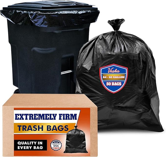 Veska 65 Gallon Trash Bags for Toter, (Value-Pack 50 Count w/Ties) Extra Large 64 Gallon Heavy Duty, 60 Gal Trash Bags Outdoor Garbage Can Liner for CustodiansExtra Large Garbage Bag 70 Gallon