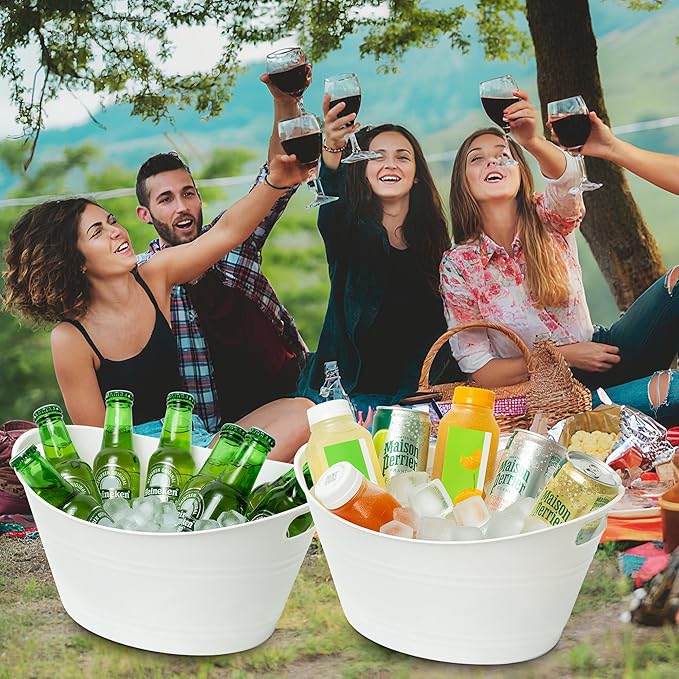 Tiawudi 8 Pack Ice Buckets with Handles, Ice Drink Tub for Party & Bar, Wine Beer Champagne Beverage Bottle Cooler, Plastic Storage Tub, Oval Storage Basket for Home, 4.5 Liter Each, White