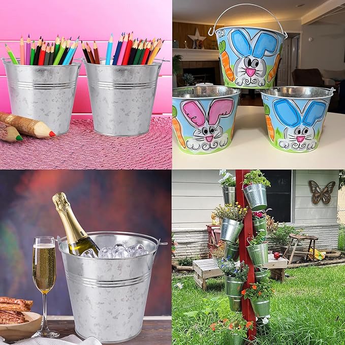 20 Pack 4.5 x 5.1 x 2.6 inch Metal Mini Buckets, Elegant Galvanized with Handles, Tin, Small, Mini Metal Pail for Party Favors, Crafts, Garden & Beach