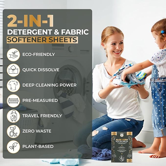 Natural Laundry Detergent & Fabric Softener Sheets | Fragrance-Free & Hypoallergenic | Aloe Vera & Pure Tea Tree Oil | Plant-Based, Biodegradable, Enzyme Powered, Baby-Safe, Eco-Friendly (50 Sheets)