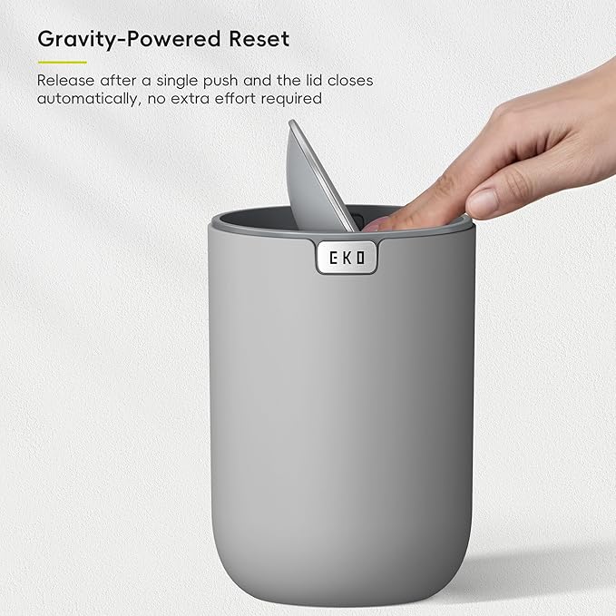 EKO Fandy 0.58 Gal/2.2L Mini Trash Can with Lid, Swing-Top Desktop Trash Can for Bathroom, Countertop, Vanity, Desk or Office, Small Garbage Bin (Grey)