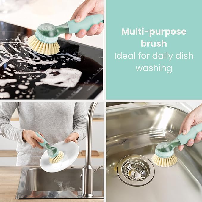 Vigar Rengo Soap Dispensing Dish Brush, Dish Brush with Soap Dispenser for Pot Scrubber, Dishes, Sink Cleaner, and Kitchen Essentials, Turquoise