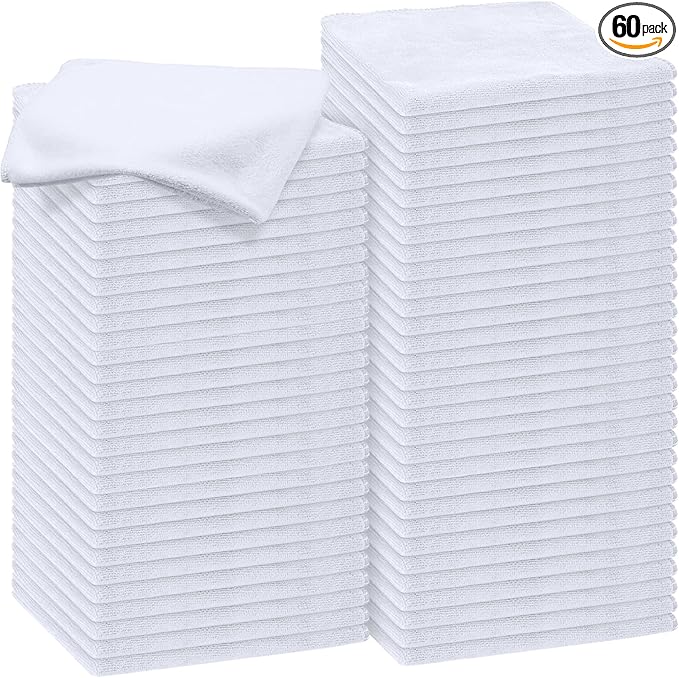 Nuenen Microfiber Cleaning Cloths for Cars 16 x 16 Inch Ultra Absorbent Car Towels Drying Reusable Cleaning Supplies House Kitchen Window Microfiber Towel(White,60 Pcs)