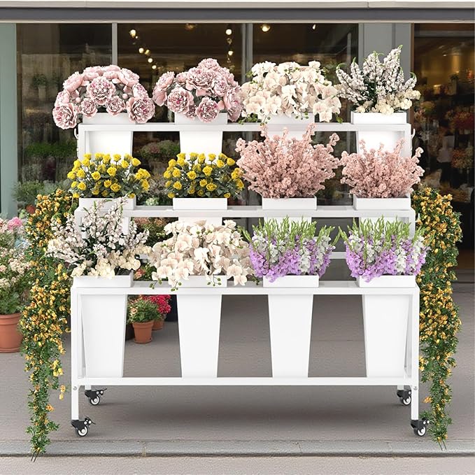 Flower Cart Display Stand with Buckets & Wheels – 3-Tier Mobile Flower Bar Cart for Shops, Weddings, Garden, and Home – Includes 12 Buckets & 4 Hooks