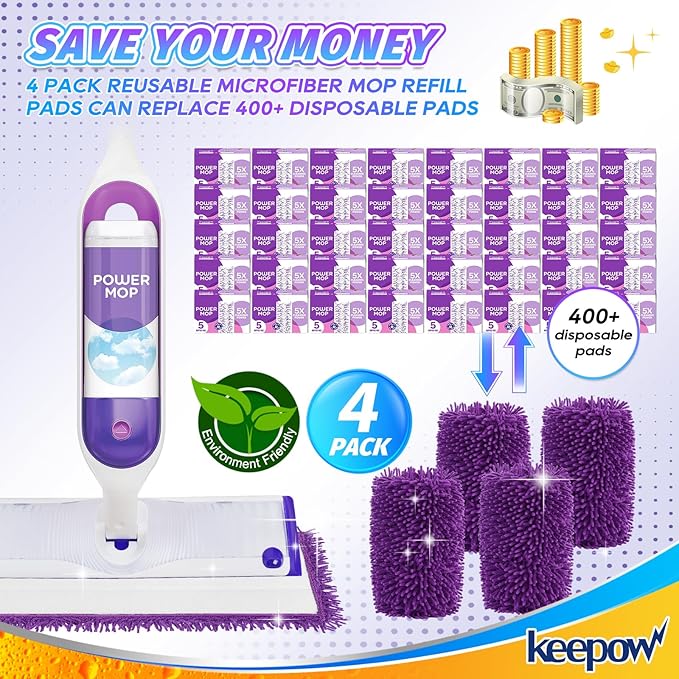 KEEPOW Reusable Microfiber Mop Pads Compatible with Swiffer PowerMop 4 Pack, Power Mop Pads Refills for 13 ''-15 '' Spray Mop, Machine Washable Pad Replacement for Multi-Surface Floor Cleaning