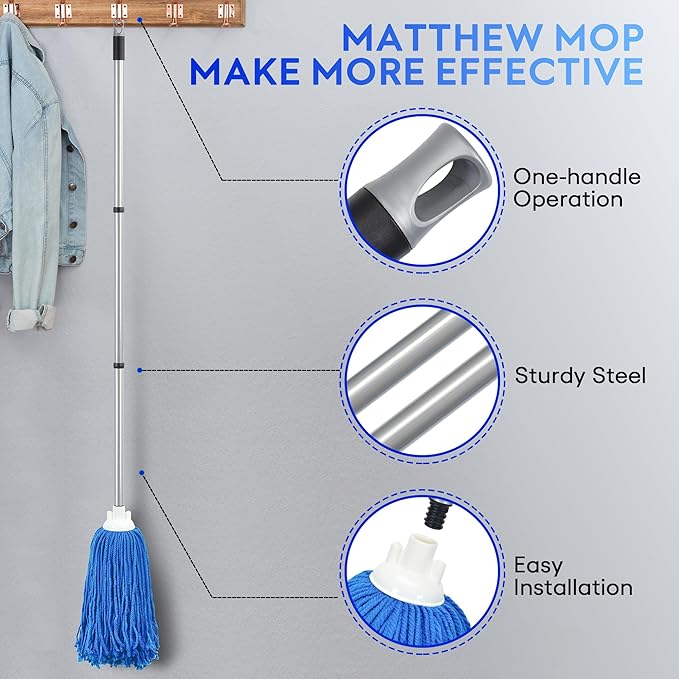Matthew Microfiber Mop Replacement Compatible with Microfiber Cloth Mop Refill,Stainless Steel Spin Mop Replacement 54" Handle with Wet Mop for Floor Cleaning (2 Mop Heads w/1 Handle)-Blue