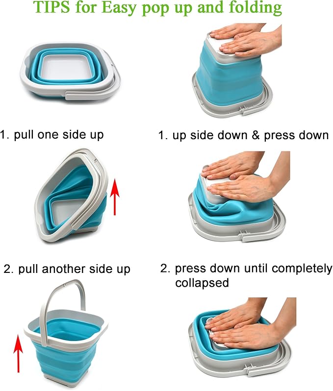SAMMART 2.6L (0.68 Gallon) Super Mini Sqare Collapsible Plastic Bucket - Foldable Square Tub - Portable Fishing Water Pail - Space Saving Outdoor Waterpot (1, Grey/Bright Blue)