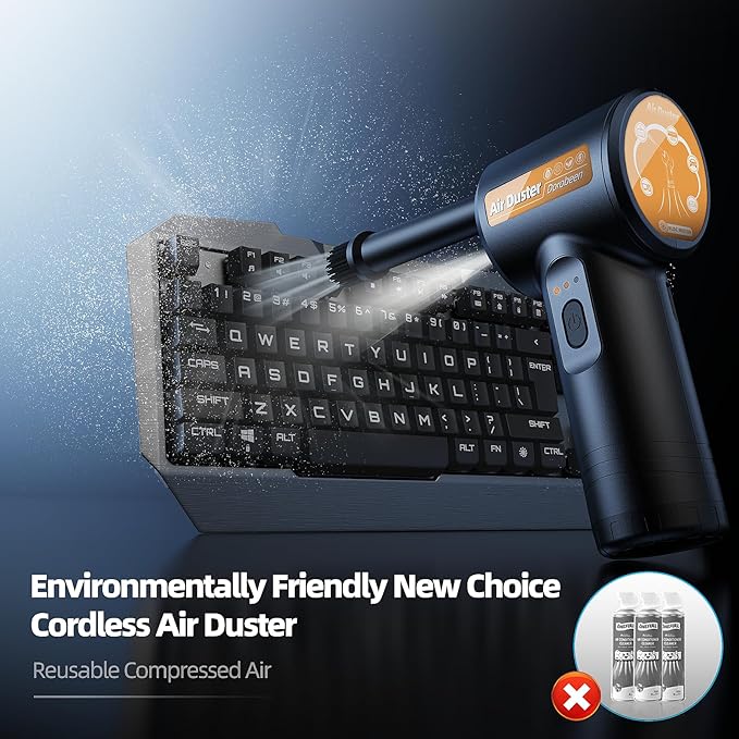 DOROBEEN Compressed Air Duster, Rechargeable Air Can, Electric Air Duster with BLDC Motor, Powerful Blower with LED Light, for PC Keyboard Cleaner with Accessories, (Black)