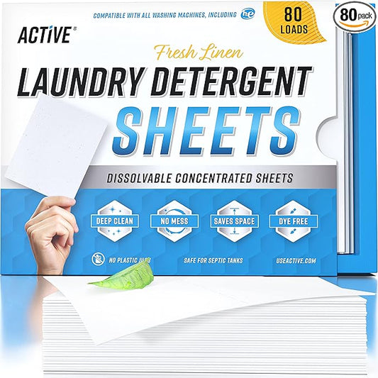 Laundry Detergent Sheets Eco Washing Strips - 80 Loads, Liquidless Fresh Scented Clothes Washer Sheet, Zero Waste Travel Laundry Strip, Dissolvable Space Saving Sheets for HE - Linen Scent