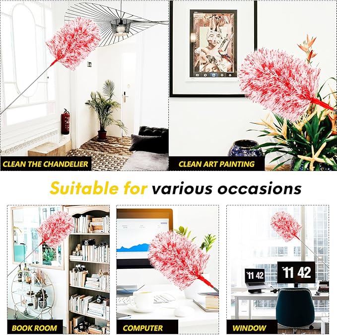 Extendable 20-49inches Microfiber Feather Duster with 3pcs Replaceable Bendable Heads, Extra Long Duster for Cleaning, Electrostatic Dust Remove for Ceiling, Fan, Window, Bookshelves (Red)