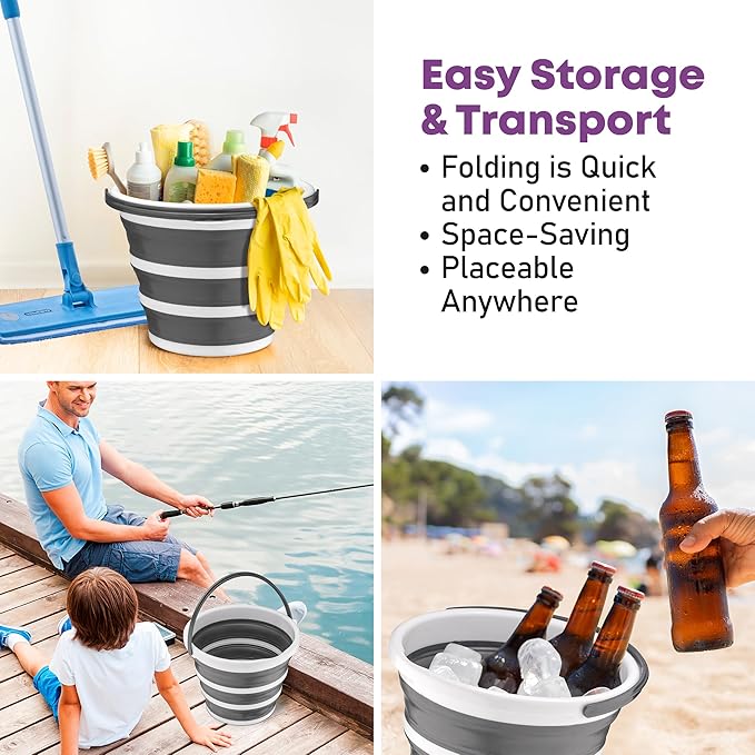 Superio Collapsible Bucket 2 Gallon Bucket with Handle Grey Car Wash Bucket Small Foldable Silicone Pail for Camping, Fishing, Cleaning, Mopping, 10 Liter, 2