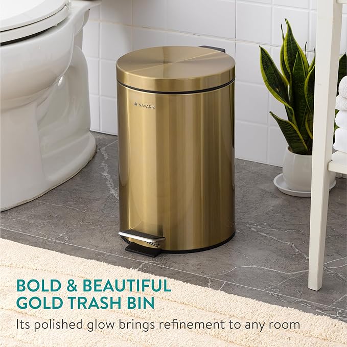 Navaris Gold Pedal Bin 3.2 gal (12 Litre) - 12L Kitchen Bin with Lid and Removable Inner Bucket - Recycling Bins for Kitchen Bathrooms Toilet Office or Bedroom - Metallic Gold
