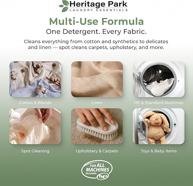 Heritage Park Luxury Laundry Detergent | Dermatologist Tested Plant based Natural & Enzyme Laundry Detergent | Sensitive Skin Friendly - Fragrance Free (32 fl oz)