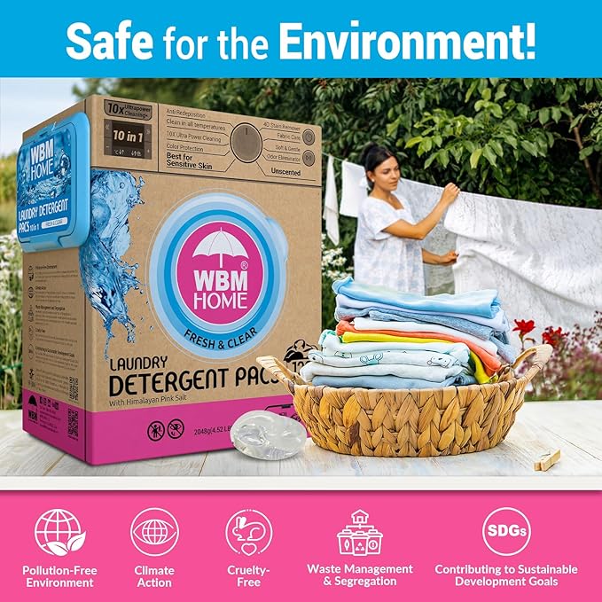 WBM Laundry Detergent Pods, 128 Count | Fresh & Clear Unscented | Laundry Pods 10x Ultrapower Cleaning With Color Protection and Eco-Friendly Packaging