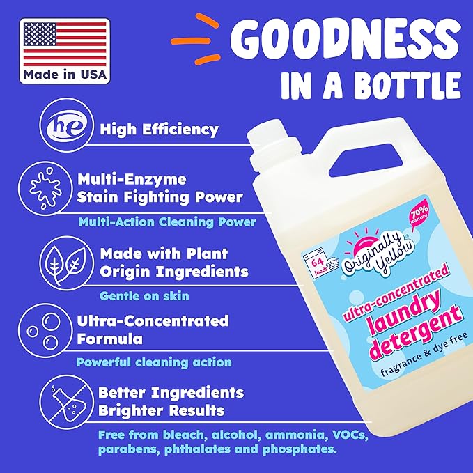 Originally Yellow Natural Unscented Laundry Detergent | Made In USA Natural Laundry Detergent | Stain Removing & Gentle on Sensitive Skin | High-Efficiency for Clean Laundry | up to 128 Loads