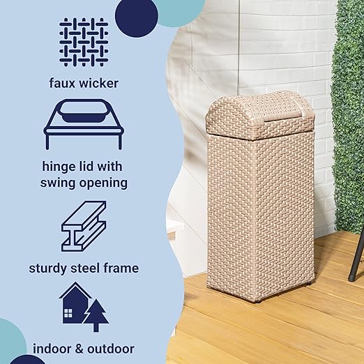 happimess HPM1201D Darla 14.27-Gallon All-Weather Wicker/Metal Swing Top Hideaway Outdoor Trash Can, Light Pink/White, Classic, Coastal, Casual Wastebin for Backyard, Patio, Porch, Kitchen