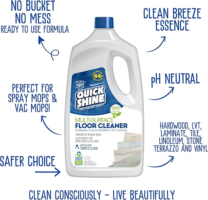 Quick Shine Multi Surface Floor Cleaner 64oz, Ready to Use-Streak Free-No Rinse, Use on Hardwood, Laminate, Luxury Vinyl Plank & Stone, Use in Spray Mops & Vac Mops, Safer Choice Cleaner