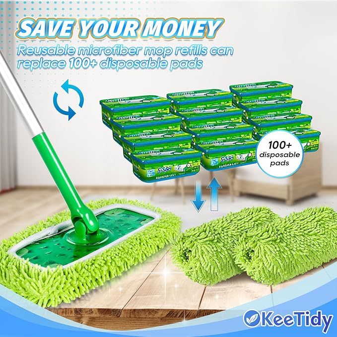 Reusable Mop Pads Compatible with Swiffer Sweeper Mops, 3 Pack 12 Inch Washable Microfiber Wet Pads Refills Dry Sweeping Cloths Heavy Duty Mop Head Replacement for Wet Dry Floor Cleaning, Green