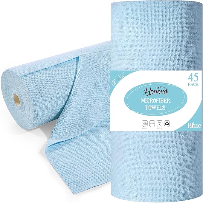 Honova Microfiber Cleaning Cloth Roll 45 Pack, 12" x 12" Washable Paper Towels, Tear Away Microfiber Towels Roll,All-Purpose Washable Cleaning Rags for Kitchen, Window, Garage Shop(Blue)