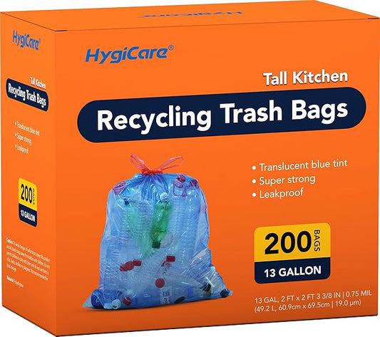 13 Gallon Recycling Trash Bags, Unscented 200 Count Drawstring Tall Kitchen Garbage Bags, Pre-Separated, Ultra Strong, Leakproof, Sturdy, Translucent Blue