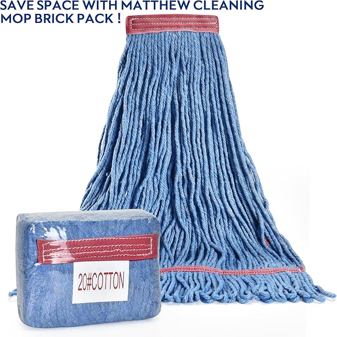 Matthew Cleaning 20oz Heavy Duty Mop Head Commercial Replacement for General and Floor Cleaning , Wet Industrial Blue Cotton Looped End String Head Refill (Case of 12) Blue