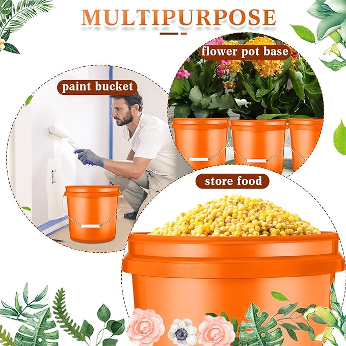 6 Pack 2 Gallon Plastic Bucket with Lid Heavy Duty Pail with Metal Handle Reusable Small Multipurpose Paint Buckets Container for Food Storage(Orange)