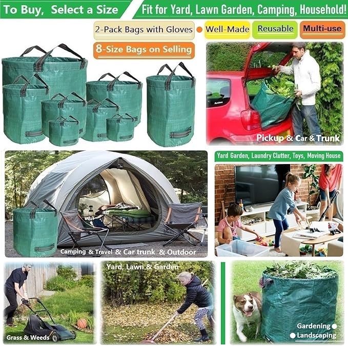 Standard 2-Pack 16 Gallon Yard Lawn Garden Bags (D18, H15 inch) with Gardening Gloves, Yard Waste Bags,Patio Debris Container,Camping Trash Bin,Recycling Bag,Laundry Bin,Lawn Weeds,Leaf Bags 4 handles