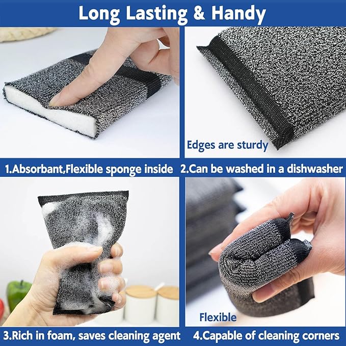 Kitchen Sponges for Dishes - Steel Wool Scrubber Sponges for Kitchen Heavy Duty Non-Scratch Scrubbing Cleaner (6 Pack)