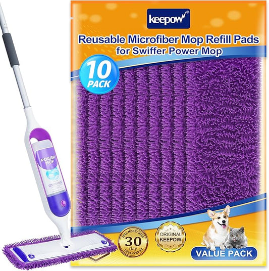 KEEPOW 10 Pack Reusable Mop Pads Compatible with Swiffer PowerMop, Microfiber Mop Pads Refills Machine Washable, Durable, and Highly Absorbent Suitable for All Floor Types